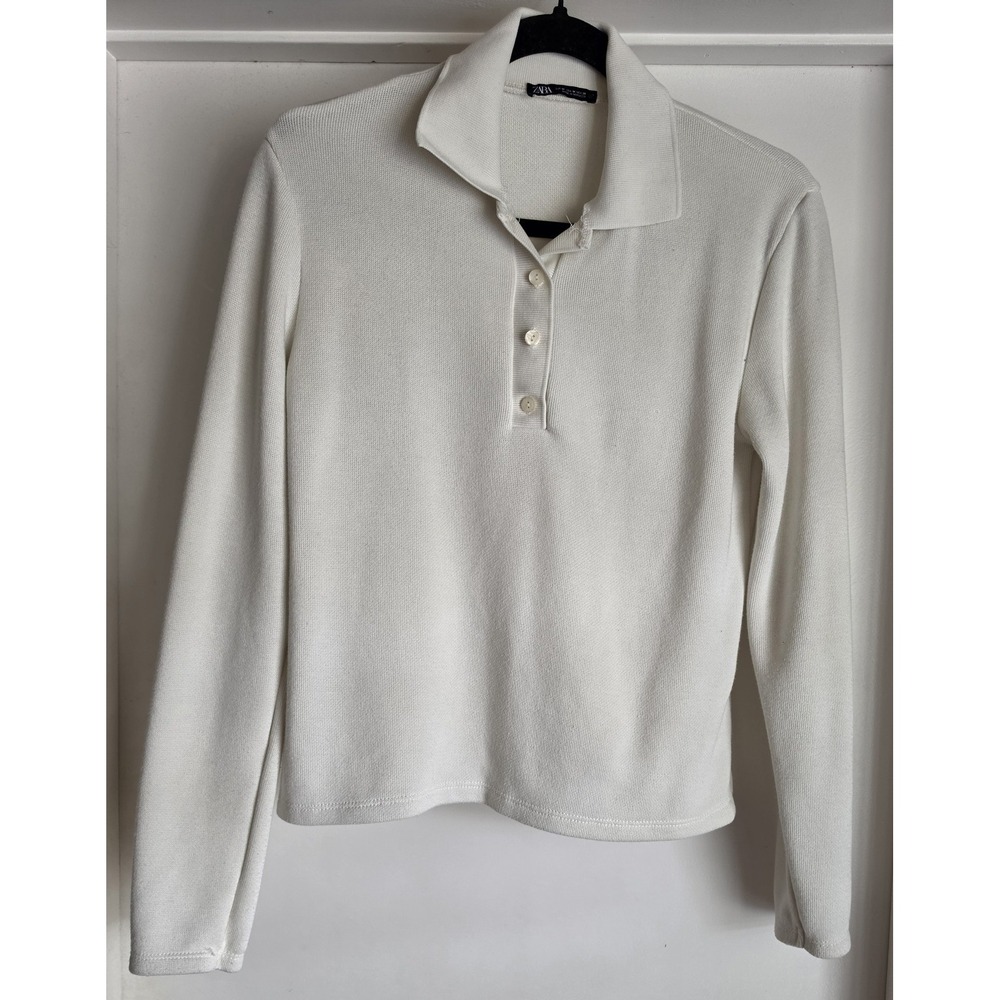 Zara Polo Shirt Women M White Long Sleeve Collared Top Blouse Solid